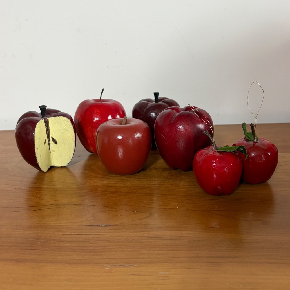 Vintage Mixed Media Red Apple Decor Set 7pc Wood Plastic Ornaments Sliced Apple
